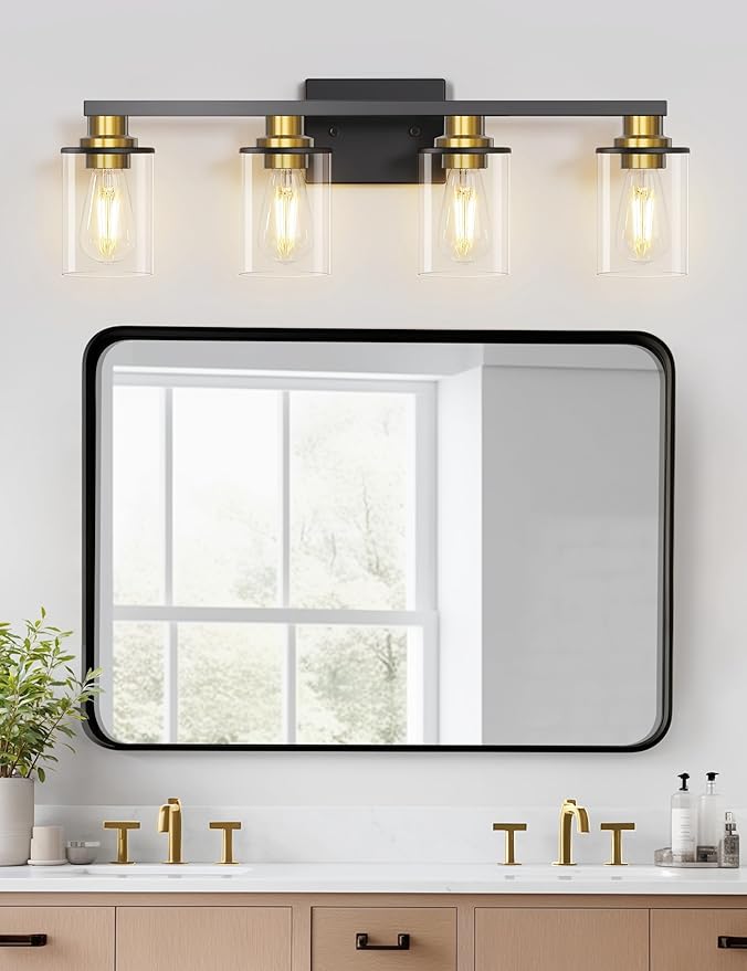 DORESshop 4-Light Black and Gold Vanity Lights with Clear Glass Shade, Over Mirror for Bathroom, Hallway, Bedroom, Living Room, ETL Listed