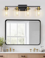 DORESshop 4-Light Black and Gold Vanity Lights with Clear Glass Shade, Over Mirror for Bathroom, Hallway, Bedroom, Living Room, ETL Listed