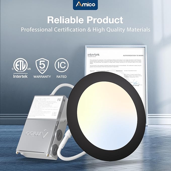 Amico 24 Pack 6 Inch Black 5CCT Ultra-Thin LED Recessed Ceiling Light with J-Box, 2700K/3000K/3500K/4000K/5000K Selectable, 12W Eqv 110W, Dimmable Canless Downlight, 1050LM High Brightness, ETL, FCC