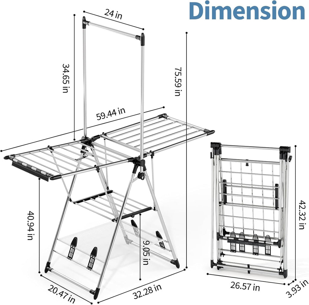 APEXCHASER Clothes Drying Rack with High Hanger, Foldable 3-Level Drying Racks with Shoe Rack, Crossbar and Vertical Rod Laundry Stand with Adjustable Wings Silver