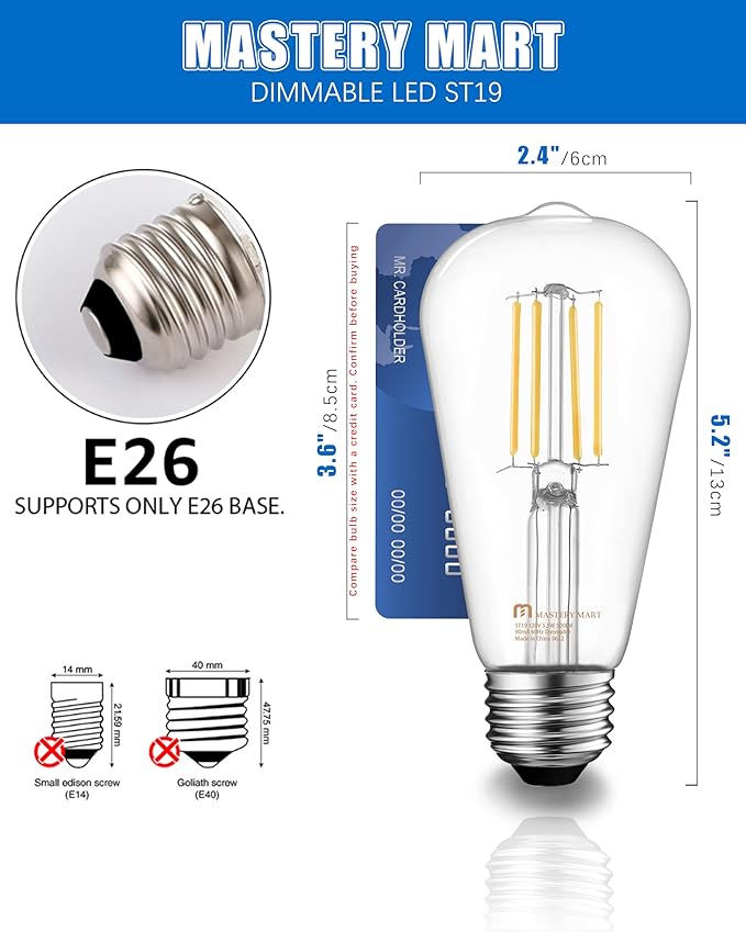 MASTERY MART 36 Pack Vintage LED Edison Bulbs, E26 Led Bulb 5.5W Equivalent to 60W, Dimmable, 5000K Daylight White, High Brightness ST58 Antique LED Filament Bulbs, Clear Glass