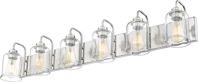 zeyu 6-Light Bathroom Wall Light Fixture, 44 Inch Modern Nickel Vanity Lighting Fixtures for Bedroom, Brushed Nickel Finish with Clear Glass Shade, ZSL72B-6W BN