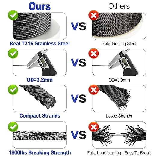 CKE 400FT 1/8" Black Stainless Steel Cable for Railing, T316 Stainless Steel Marine Grade Wire Rope for Deck Cable Railing Kit, 1850lb Breaking Strength 7x7 Strand Aircraft Cable DIY Balustrade, BCW6