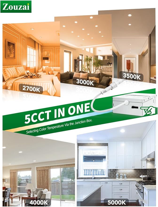 zouzai 1 Pack 6 Inch 5CCT Ultra-Thin LED Recessed Ceiling Light with Junction Box, 2700K/3000K/3500K/4000K/5000K Selectable, 12W Eqv 110W,Dimmable, led can Lights- ETL and Energy Star Certified