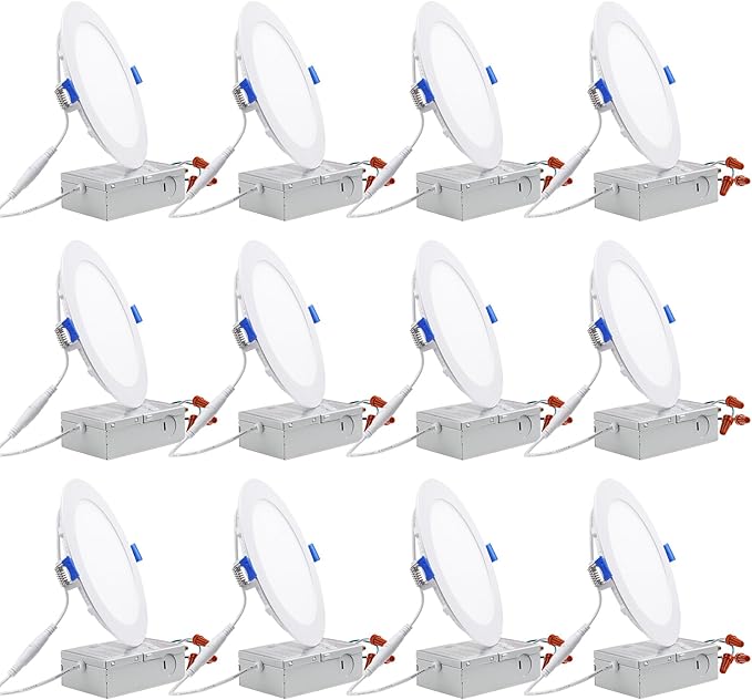 TORCHSTAR 12-Pack 6 Inch Ultra-Thin LED Recessed Lighting with J-Box, 4000K Cool White, 12W Dimmable 1000lm Brightness LED Downlight, ETL & Energy Star Listed