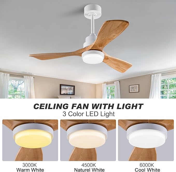42 Inch Ceiling Fan with Light Remote Control, Wood Ceiling Fans with 3 Blade and Down Rod, 6 Speed DC Motor, Indoor Outdoor Ceiling Fan for Patio, Bedroom,Living Room, Office