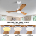 42 Inch Ceiling Fan with Light Remote Control, Wood Ceiling Fans with 3 Blade and Down Rod, 6 Speed DC Motor, Indoor Outdoor Ceiling Fan for Patio, Bedroom,Living Room, Office