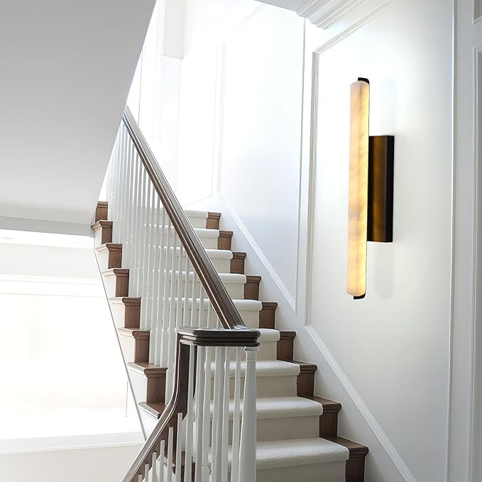 Alabaster Wall Sconces, 25in Black Alabaster Sconce, Modern Spanish Natural Marble Sconces Lights, Rectangle Sconces for Bathroom Vanity Bedroom Living Room Staircases Hallway