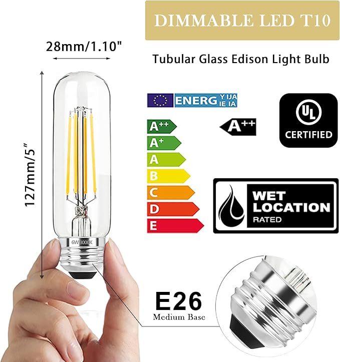 5 Inch E26 Led Bulb Equal 80 Watt, 3000K Warm White Edison Bulb 6W Dimmable, 800LM T10 T9 Clear Glass Tubular Light Bulbs AC 120V for Chandelier Pipe Pendant Wall Light - UL Cert 6Pack