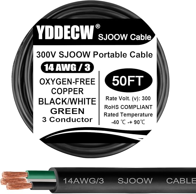 50ft 14/3 14 AWG Portable Power Cable (3 Conductor) - SJOOW 300V 14 Gauge Electric Wire for Motor Leads, Portable Lights, Battery Chargers and Machinery - 3 Conductor - 50 Feet Electrical Cord
