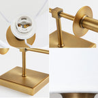 PERMO Single Classic Rustic Industrial Wall Sconce Lighting Fixture with Flared White Textile Lamp Shade and Antique Brass Tapered Column Stand, Hardwired, E26 Base