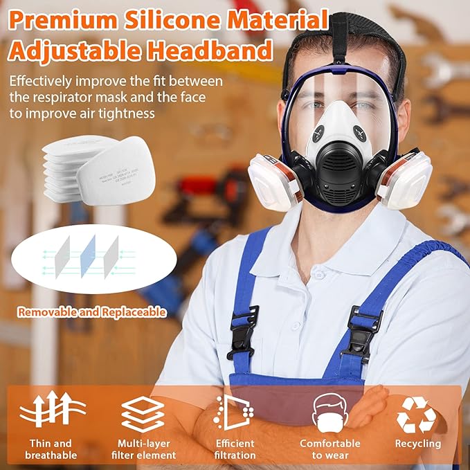 Full Face Respirator Mask with Filters, Anti-Fog Lens Anti-Gas Anti-Dust Gas Mask Against Vapours & Particles, Paint