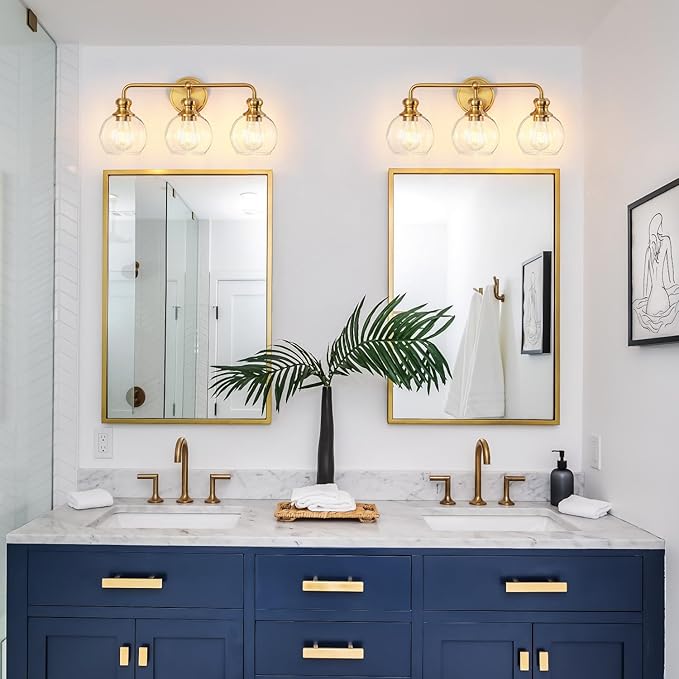 Gold 3-Light Bathroom Vanity Fixture with Clear Glass Shades Modern Wall Lamp Suitable for Bathrooms, Dressing Rooms