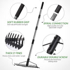Walensee 5.4FT Bow Rake Heavy Duty Garden Rake with Stainless Steel Handle, 17 Steel Tines Garden Tool for Loosening Soil Gathering Leaf Leveling Lawn Farming Land Management Yarn Thatch Rakes