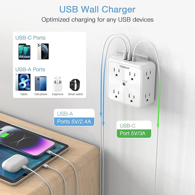 Surge Protector 8 Outlet Extender, TESSAN Multi Outlet Splitter with 3 USB Wall Charger (1 USB C Port), 3-Sided Multiple Plug Power Strip 1700J, Charging Station for Home Office Dorm Room (Pack of 2)