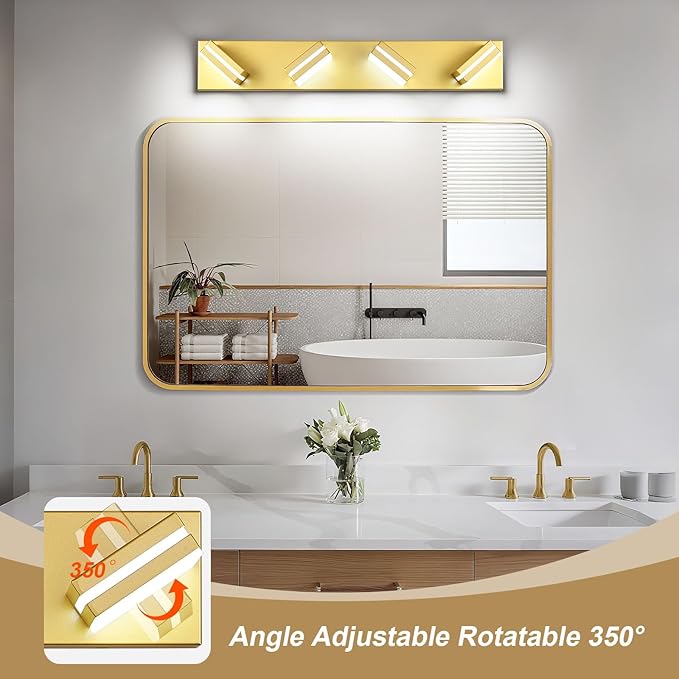 Modern LED Bathroom Lights Fixtures(4-Light),Metal Gold Acrylic Wall Lighting,Vanity Lights for Bathroom Over Mirror(6000k 27In