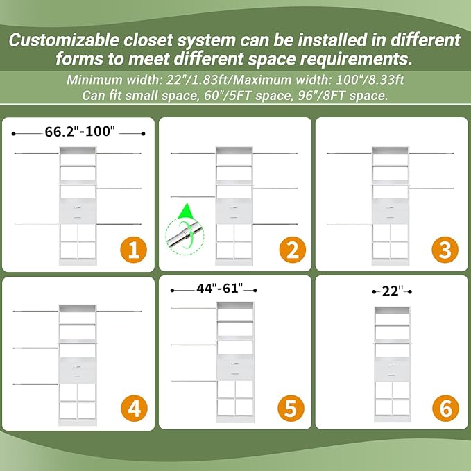 Closet System, 4-8 FT Closet Organizer Tower with 2 Wooden Drawers and Shelves, Can Fit 60 to 96 inch Walk-in Closet System with 5 Hanging Rods, Built-in, White