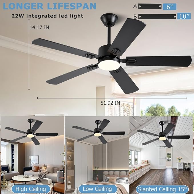 52 inch Modern Ceiling Fans with Lights APP/Remote Control, Low Profile Reversible 6 Speeds Ceiling Fan Light for Indoor/Outdoor Patio Bedroom Living Room,Black