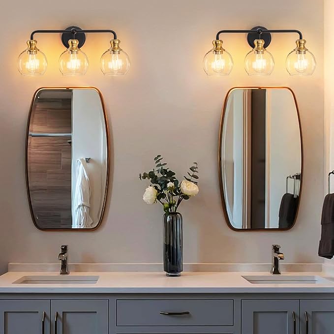 Black and Gold 3-Light Bathroom Vanity Fixture with Clear Glass Shades Modern Wall Lamp Suitable for Bathrooms, Dressing Rooms