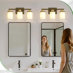 DORESshop 17 Inch Bathroom Light Fixtures, 3-Light Black and Gold Bathroom Lighting Fixtures Over Mirror with Milk Glass Shade, Vanity Lights for Living Room Bedroom