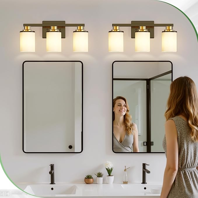 DORESshop 17 Inch Bathroom Light Fixtures, 3-Light Black and Gold Bathroom Lighting Fixtures Over Mirror with Milk Glass Shade, Vanity Lights for Living Room Bedroom