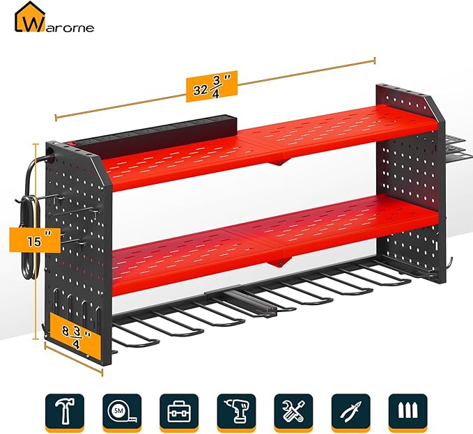 Warome Garage Power Tool Organizer with 8-Outlet Power Strip, Tool Storage Rack Wall Mount with 8 Cordless Drill Holders, Tool Organization Shelf with Charging Station in Red