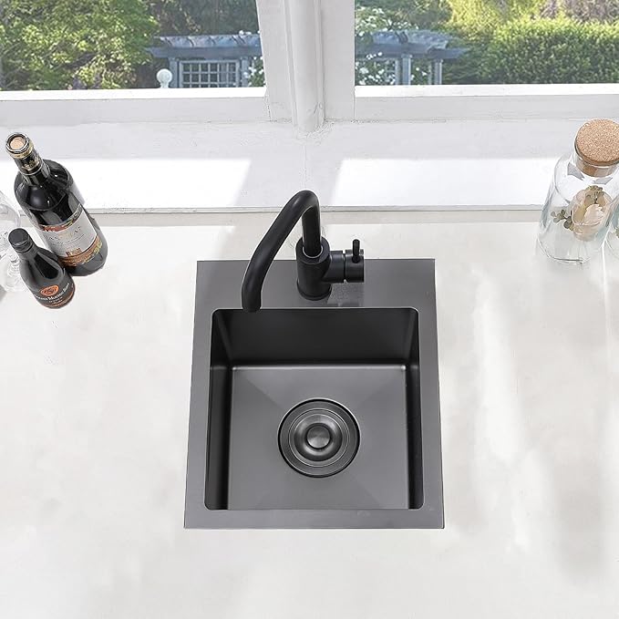 SHACO 13x15 Inch Drop In Black RV Bar Sink, Stainless Steel Top Mount Gunmetal Black 16 Gauge Single Bowl Small Kitchen Outdoor Sink with Strainer Drain