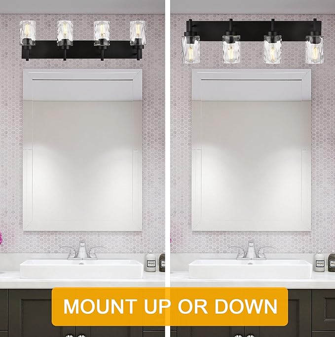 BONLICHT 4 Light Wall Vanity Bathroom Lights with Clear Hammered Glass in Black Finish,Modern Farmhouse Sconces Wall Lighting Fixtures Over Bath Makeup Mirror Industrial Wall lamp for Kitchen Hallway