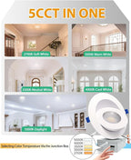 zouzai 6 inch 5CCT Gimbal Led Recessed Lights, 360°+90° Adjustable Directional Recessed Lighting, 2700K/3000K/3500K/4000K/5000K Dimmable Retrofit Eyeball Can Lights with Jbox, ETL(White, 1 Pack)