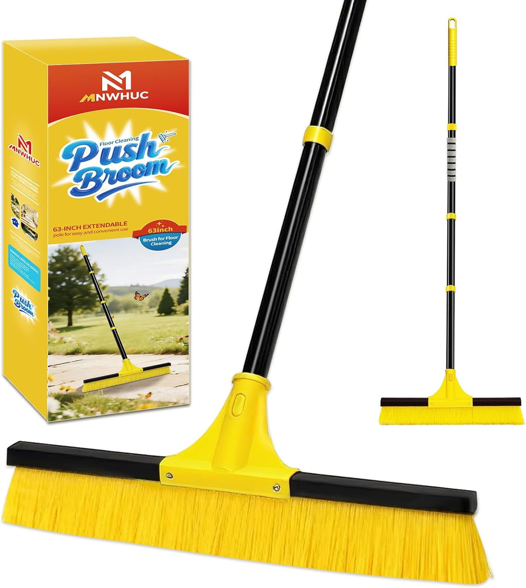 18”Push Broom Brush for Floor Cleaning with 60” Long Handle and Stiff Bristles, Heavy Duty Brush for Shop, Deck, Garage, Concrete,Indoor and Outdoor Broom