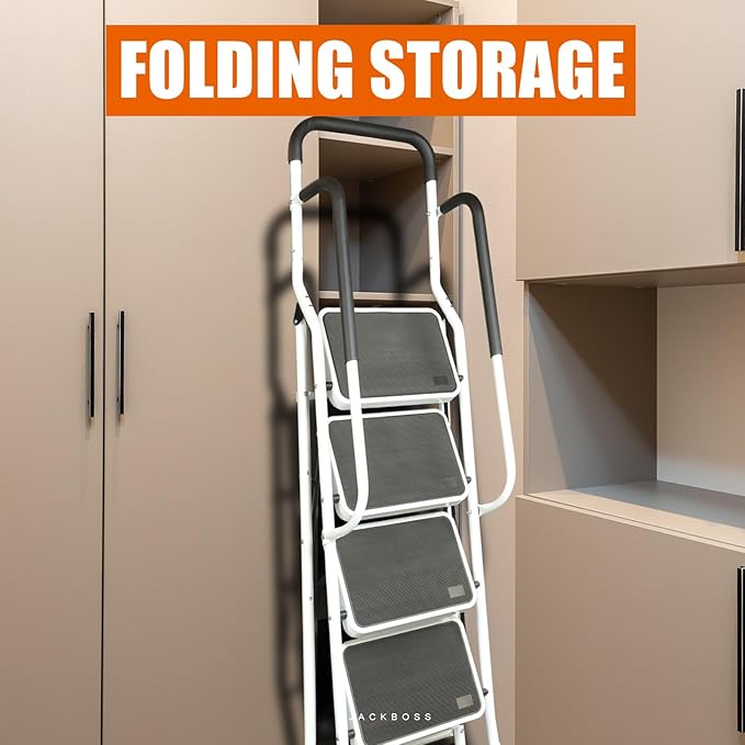 4 Step Ladder, Folding Lightweight Step Stool with Handrails and Wide Anti-Slip Pedal for Home, Office, Kitchen and Garage, Service Height 37.8 inch, 400 lbs Capacity