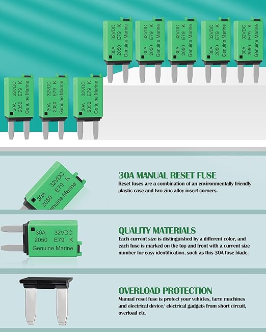 30A Low Profile Mini Fuse Kit– Automotive 30A ATM Manual Reset Circuit Breaker Fuses for Boat, RV, Car, Truck, DC 12V/32V 30 Amp Manual Resettable Blade Assortment Kit with Resettable Fuses