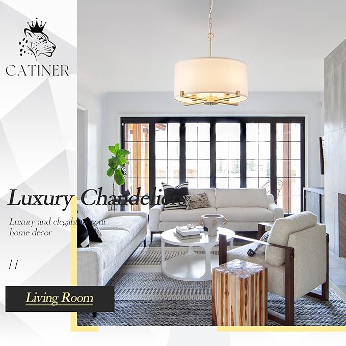 Modern Drum Chandelier 18” White and Gold Pendant Light Fixture Round Fabric Shade 4 Lights Semi Flush Mount Hanging Ceiling Chandelier for Dining Room Bedroom