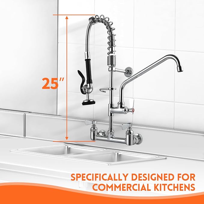 25" Height Commercial Faucet Wall Mount with Sprayer 8" Adjustable Center 12" Swing Spout, Wall Mount Kitchen Sink Faucet with Pull Down Pre-Rinse Sprayer for 1/2 Compartment Sink