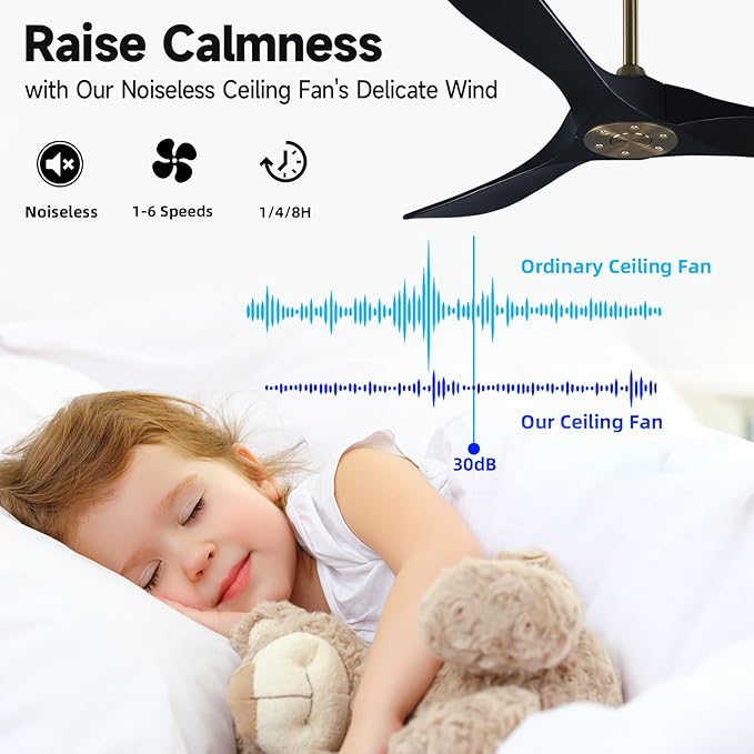 52" 3 Blade Ceiling Fan Without Light, Farmhouse Rustic Wooden Flush Mount Ceiling Fan no Light with Remote for Indoor/Outdoor - High End Silent Operation, Black & Gold, 52 Inch