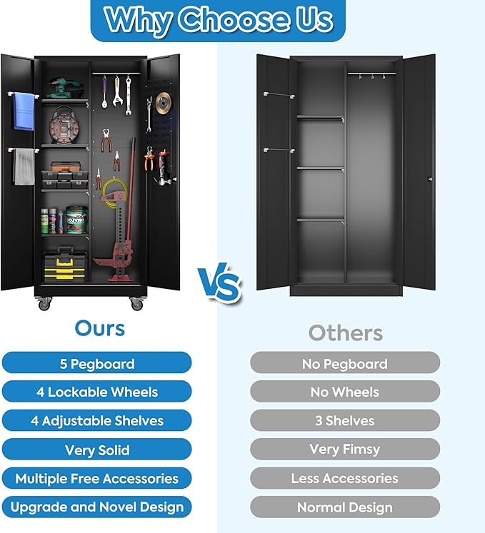 Garage Storage Cabinet with Wheels and 5 Pegboard, Broom Closet Storage Cabinet with Hanging Rod and 13 Hooks, Metal Cabinets with 4 Shelves for Garage, Home, 71"H x 31.5"W x 15.75"D, Black