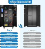 Garage Storage Cabinet with Wheels and 5 Pegboard, Broom Closet Storage Cabinet with Hanging Rod and 13 Hooks, Metal Cabinets with 4 Shelves for Garage, Home, 71"H x 31.5"W x 15.75"D, Black