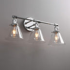 Phansthy 3-Light Wall Sconces Antique Brass Vanity Light, Industrial Wall Lamps with On Off Switch and Clear Glass Lampshade, Vintage Wall Lighting for Bathroom Living Room (Chrome, Cone Shade)