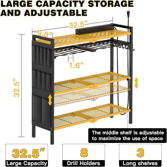 Large Power Tool Organizer Cart with Charging Station 8 Drill Holder Garage Storage Standing Heavy Duty and Stability Storage Rack Utility Tool Shelf (Yellow)