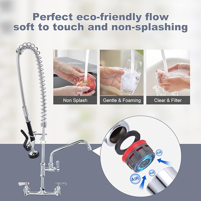 Commercial Kitchen Faucet Wall Mount with Pre-Rinse Sprayer 36" Height Wall Mount Kitchen Sink Faucet 8 Inch Center with 10" Add-on Swing Spout Faucet & Coiled Spring Pull Down Spray