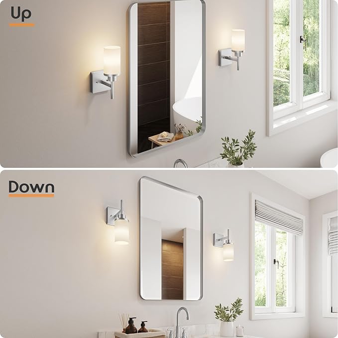 Bathroom Light Fixtures Brushed Nickel Vanity Lights with White Frosted Glass Shade, Wall Lamp for Mirror Kitchen Bedroom Porch, 2 Pack T001BR-L1-P2