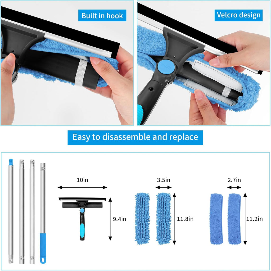 Professional 72'' Window Squeegee Cleaning Washing Tool/Kit with Extension Pole, 3 in 1 Squeegee for Window Cleaning Kit for High Window with 1 Rotatable Head 4 Interchangeable Scrubber