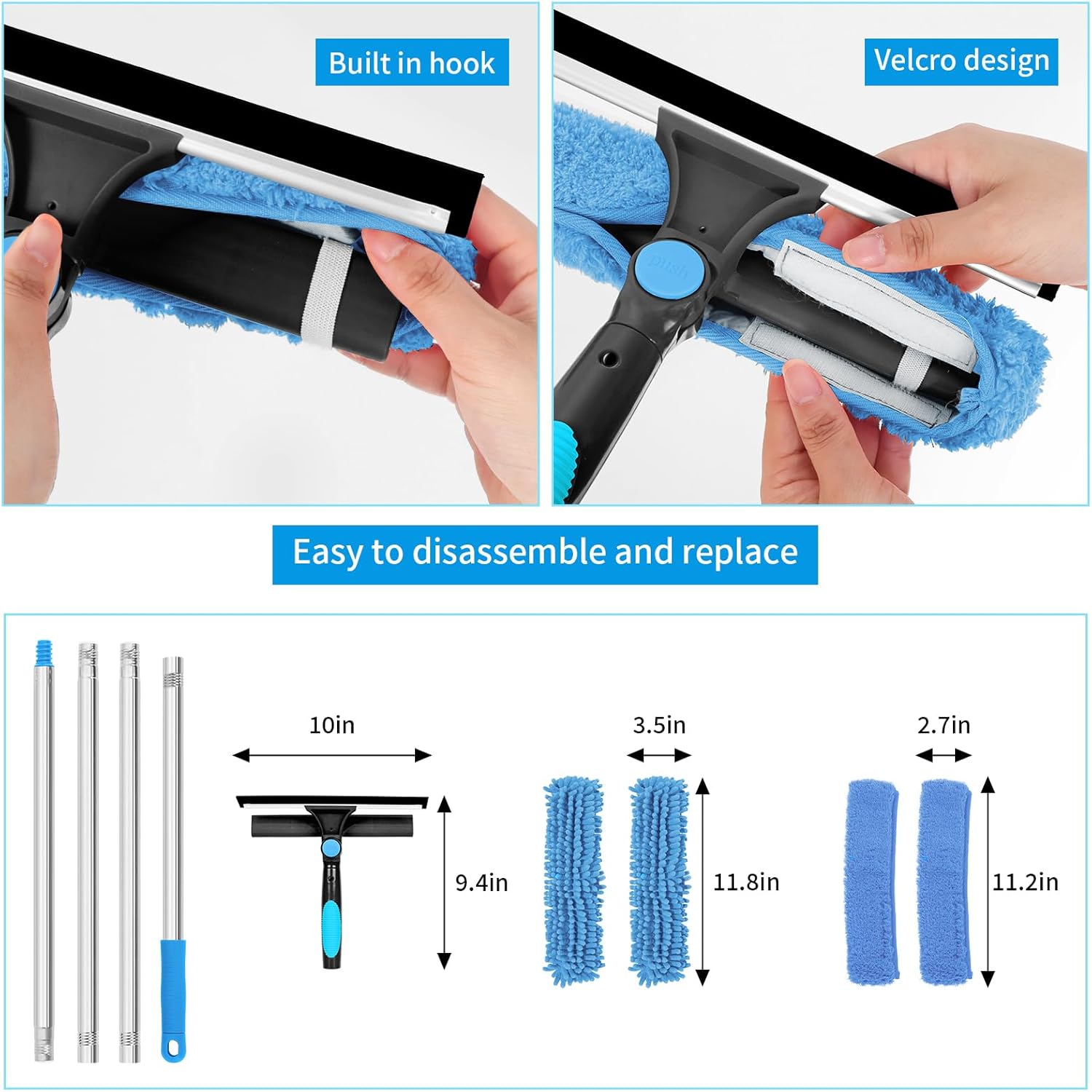 Professional 72'' Window Squeegee Cleaning Washing Tool/Kit with Extension Pole, 3 in 1 Squeegee for Window Cleaning Kit for High Window with 1 Rotatable Head 4 Interchangeable Scrubber