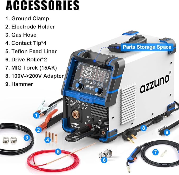 AZZUNO Aluminum 250Amp MIG Welder,6 in 1 Gas MIG/Gasless Flux Core/Stick/Lift TIG/Spot Welding/Spool Gun Compatible Welding Machine 110V/220V Large LED Display Multi Process Welder