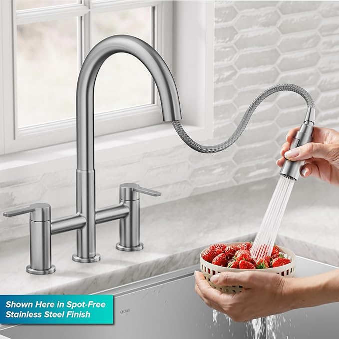 KRAUS Oletto Bridge Kitchen Faucet with Pull-Down Sprayhead in Spot-Free Antique Champagne Bronze, KPF-3122SFACB