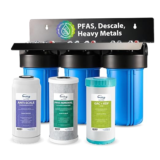iSpring 3-Stage Whole House Water Filter System, SGS-Tested to Removes Up to 99% PFAS, Reduces Scale, Heavy Metals, Corrosion, Lead, Chlorine, 10” x 4.5” Filters, 1” NPT Ports, Model: WGB31B-PFKDS