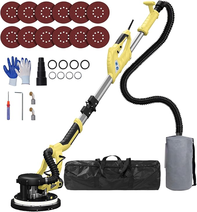 Drywall Sander, 2025 Upgraded 8-Amp Popcorn Ceiling Removal Tool with 7 Variable Speed 800-1800RPM, Drywall Sander with Vacuum Dust Collector with Extendable Handle, LED Light, 12pcs Sanding Discs