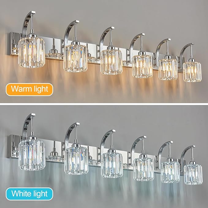 6-Light Crystal Vanity Light, Chrome Modern Wall Sconce with K9 Crystal Shades, 51.18" Long Over Mirror Lighting for Bathroom, Makeup, Hallway, Elegant & Easy Install