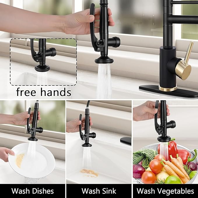 Smart Kitchen Faucet, 3 Modes Pull Down Sprayer, LED Temperature Control, Ceramic Valve,360-Degree Rotation,1 or 3 Hole Deck Plate, Double Spout. 10-Year Warranty. (KW-05GR. Brushed Gold/Black)