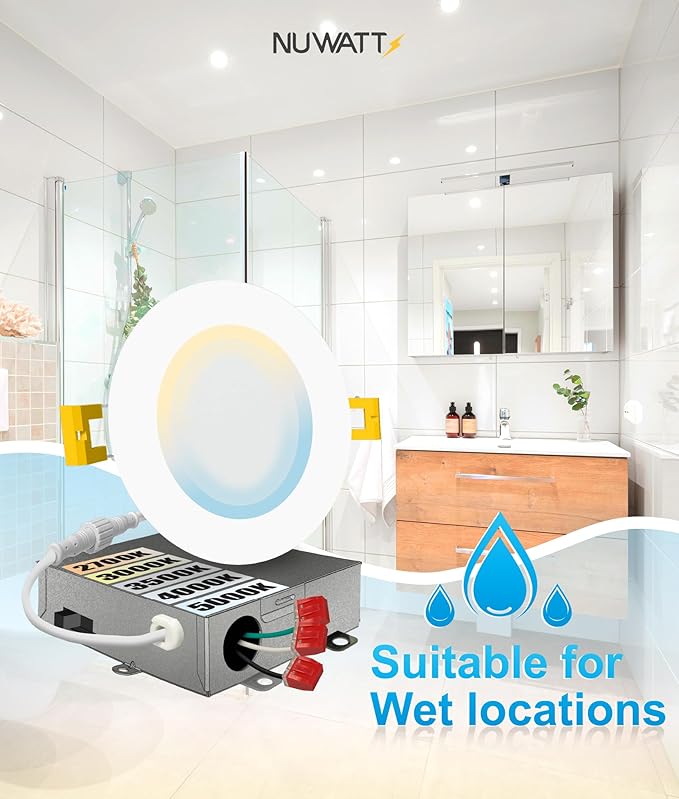 NUWATT 4 Inch Ultra Thin LED Recessed Lighting, 5CCT 2700K/3000K/3500K/4000K/5000K Selectable, 630LM, 9W, IC Rated, Dimmable Canless LED Wafer Light, White Trim, Metal Junction Box, ETL, 6 Pack